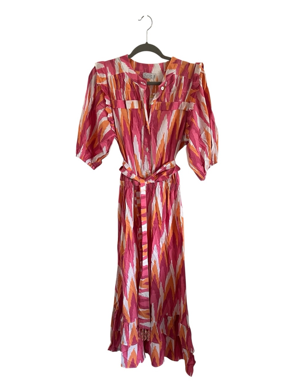 Sole by Mare Sole Amore Pink & Orange Patterned Belted Midi Dress, size small